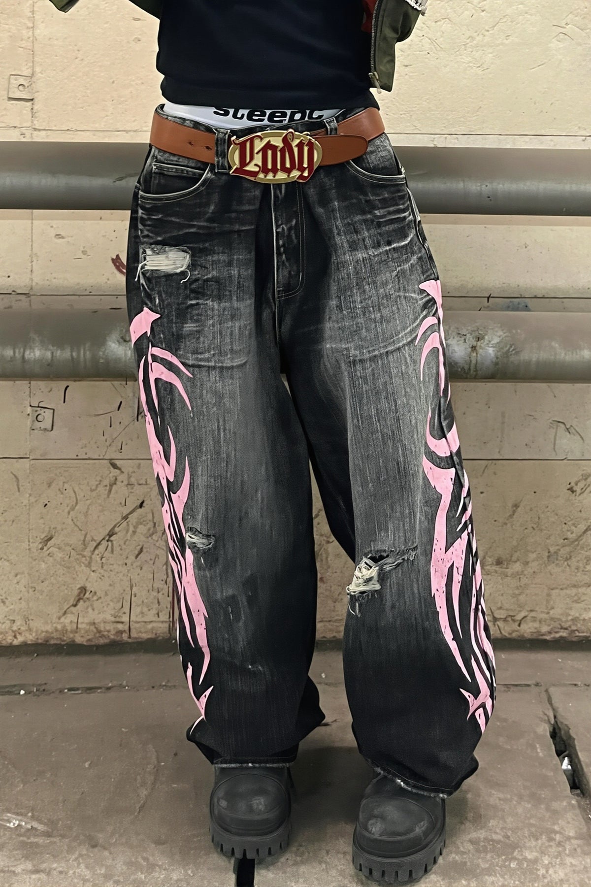 Washed Printed Loose Fit Wide Leg Jeans