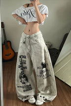 Letter Print Loose Wide Leg Streetwear Jeans