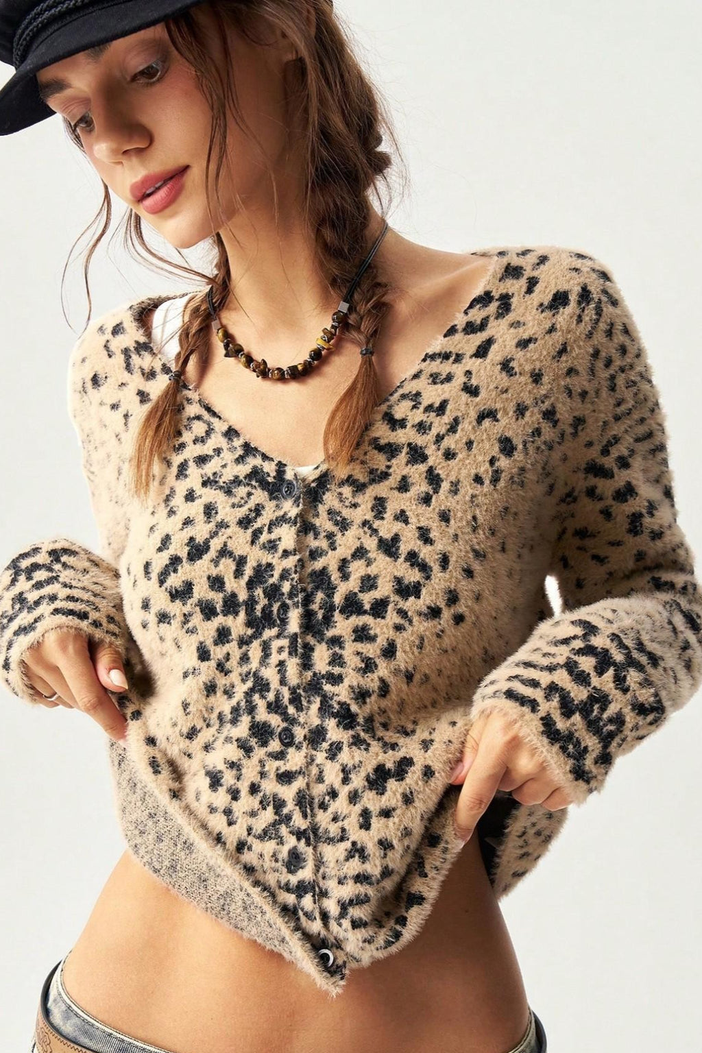 Leopard Print V Neck Button Cardigan Sweater