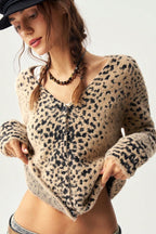 Leopard Print V Neck Button Cardigan Sweater