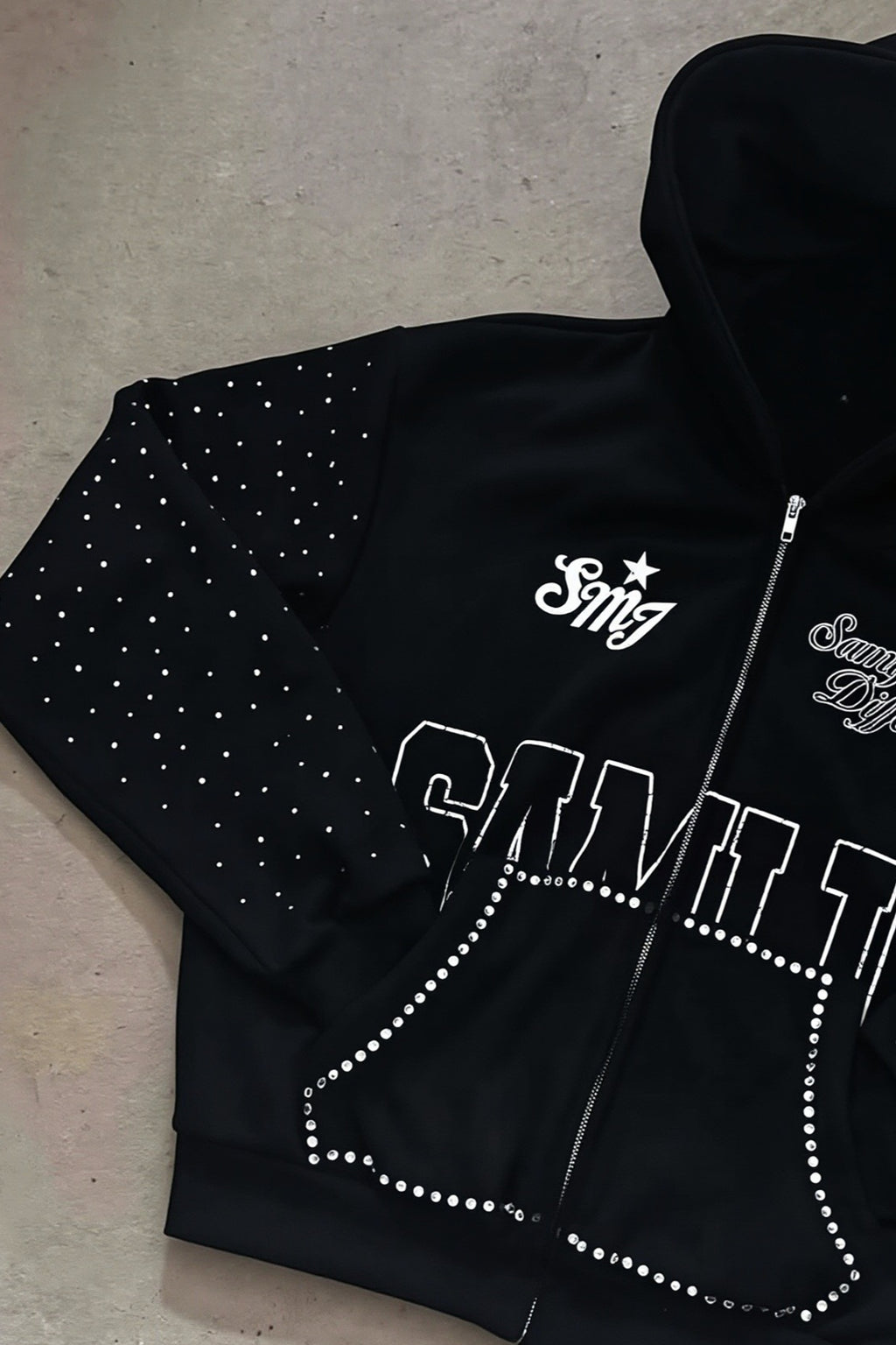 Rhinestone Text Graphic Full Zip Hoodie