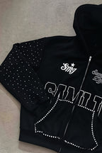 Rhinestone Text Graphic Full Zip Hoodie
