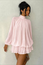 High Neck Long Sleeve Tiered Ruffle Mini Dress