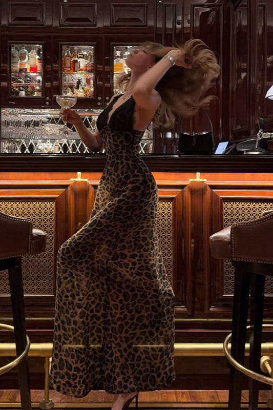 Lace Trim Leopard Halter Backless Mermaid Fit Lace Dress