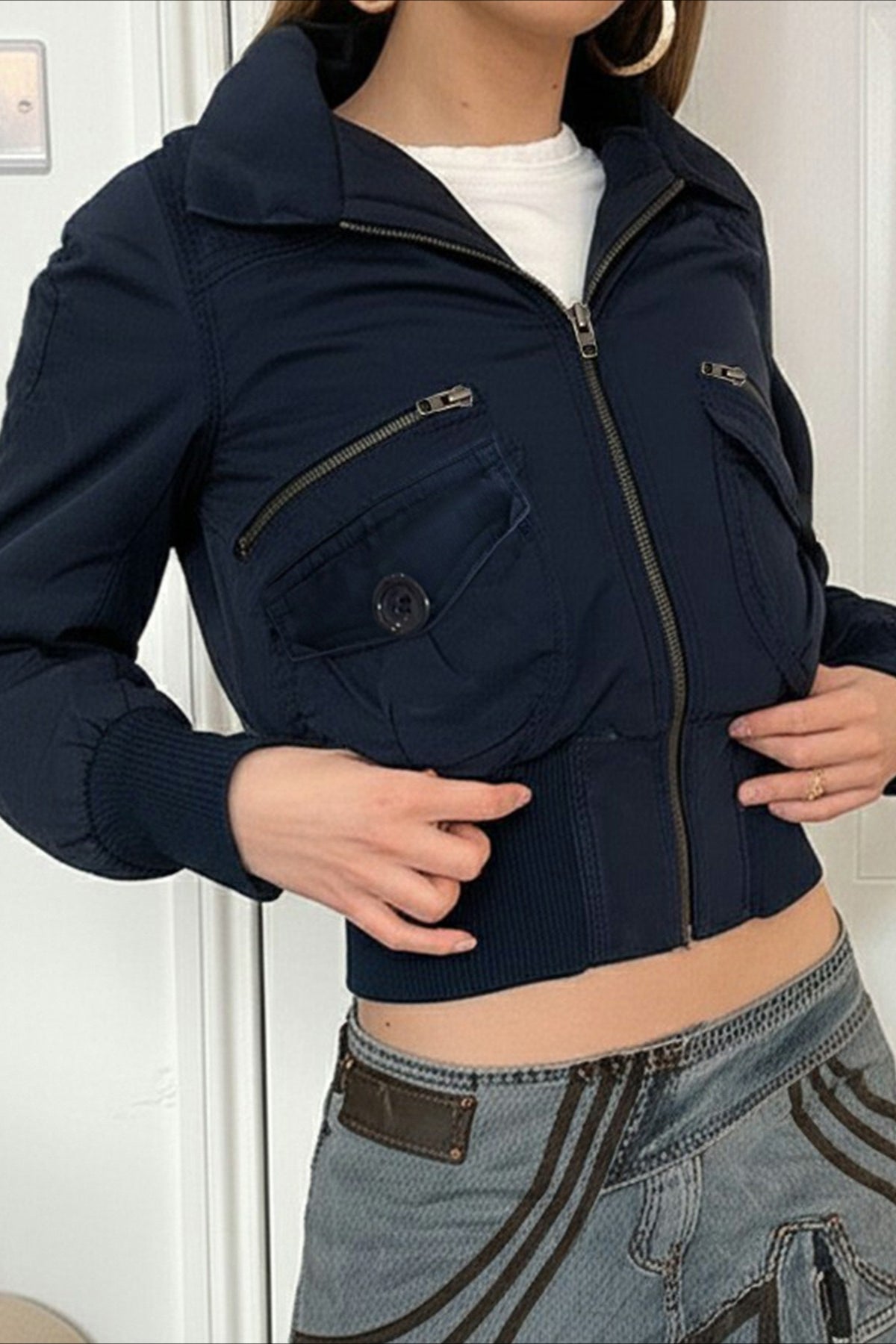 Utility Pocket Ribbed Hem Cropped Zip Jacket