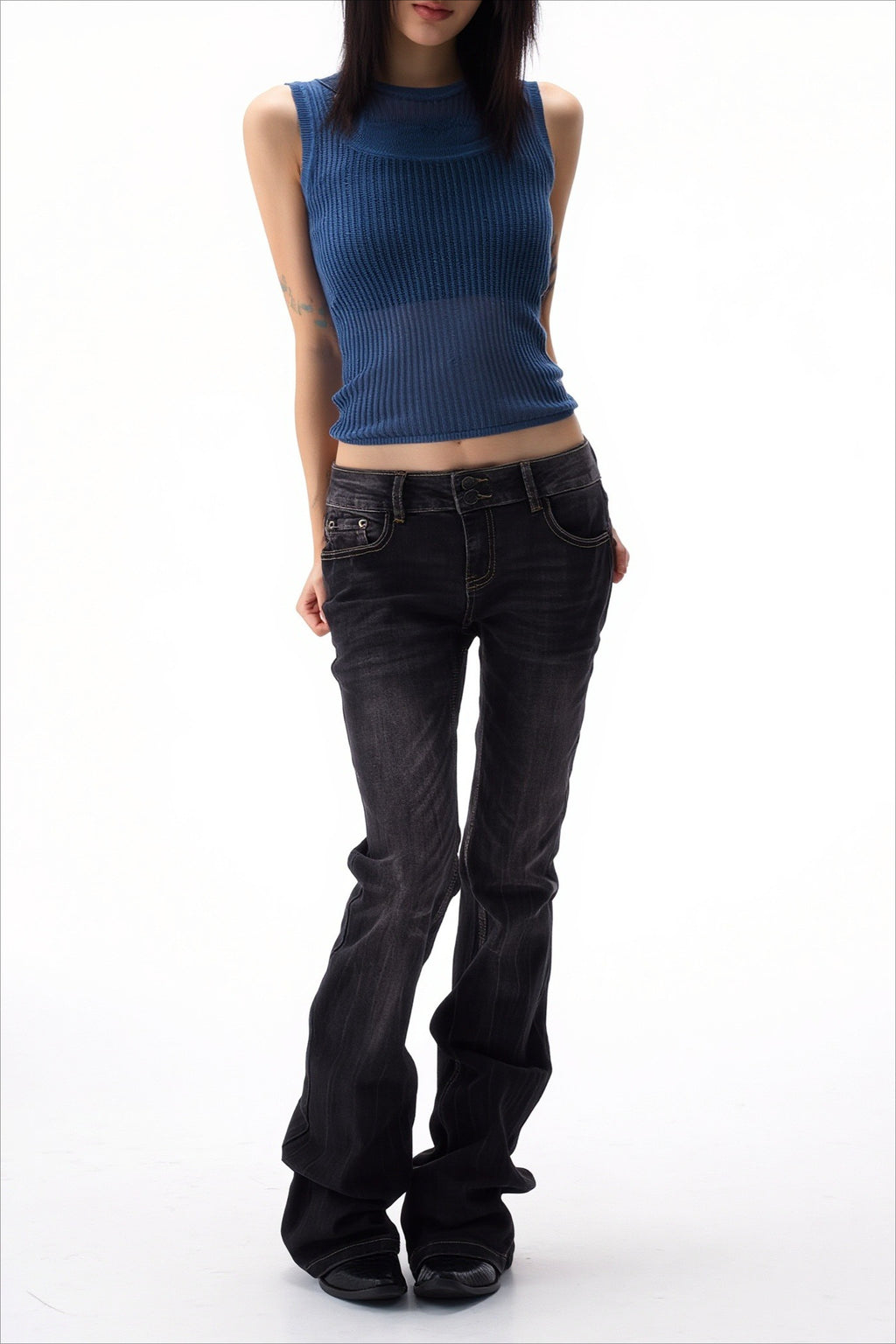 Double Button Charcoal Low Rise Flare Jeans