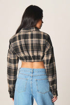 Plaid Elastic Hem Cropped Long Sleeve Blouse