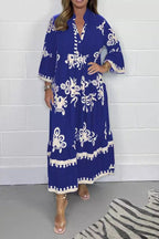 Floral Print Band Collar Waist Cinching Elegant Boho Dress