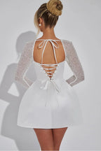 Plunging Solid Square Neck Lace Panel Long Sleeve Cocktail Dress