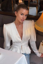 Deep V Neck Waist Cinched Ruffle Hem Shoulder Pad Blouse
