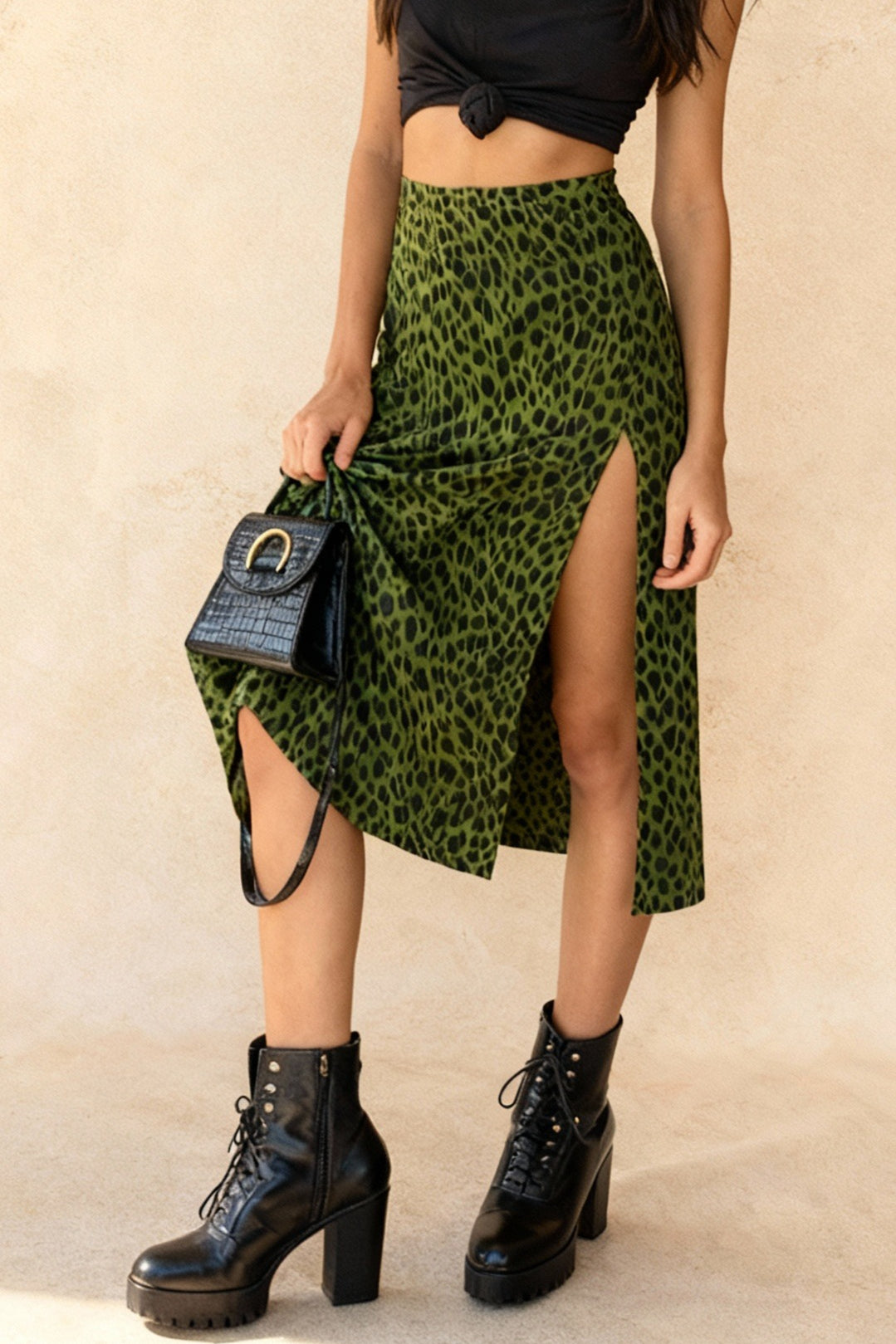 JuliaFashion-Casual Street Wear Elastic Split Midi Skirt Secondary image