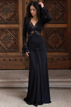 Lace Plunge Neck Bell Sleeve Maxi Dress