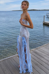 Sheer Sequin Ruffle 3D Floral Fringe Slip Dress