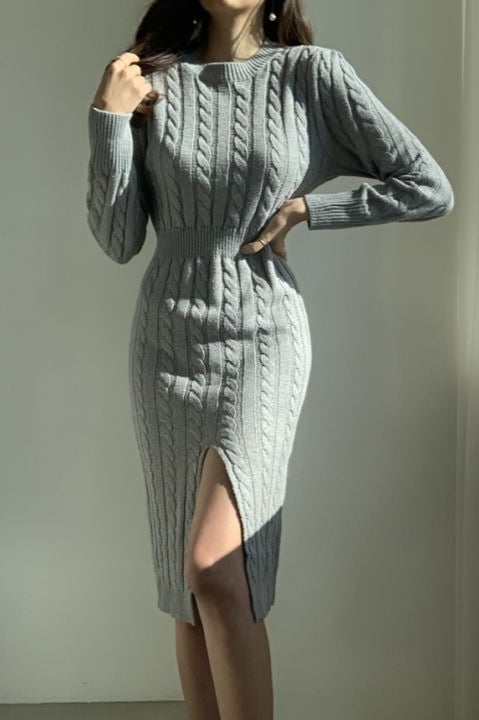 Ribbed Reversible Crewneck Split Hem Sweater Dress Main image