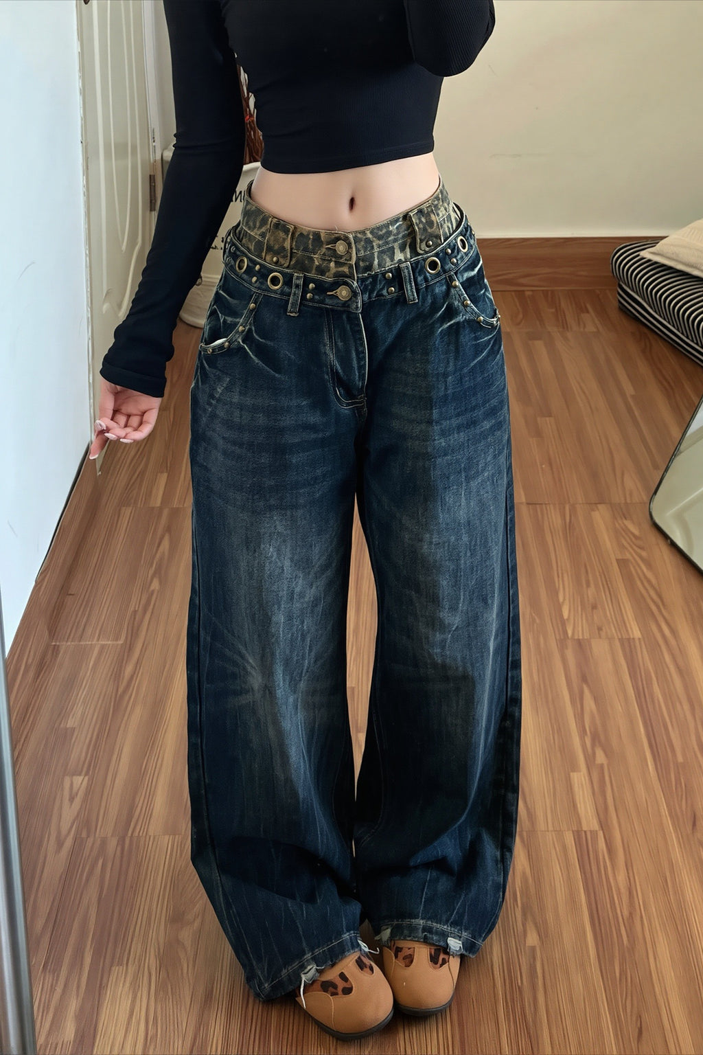 Leopard Double Waist Wide Leg Streetwear Jeans
