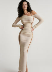 Diagonal Collar Draped Mesh Maxi Dress