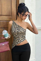 Leopard One-Shoulder Asymmetric Hem Crop Top