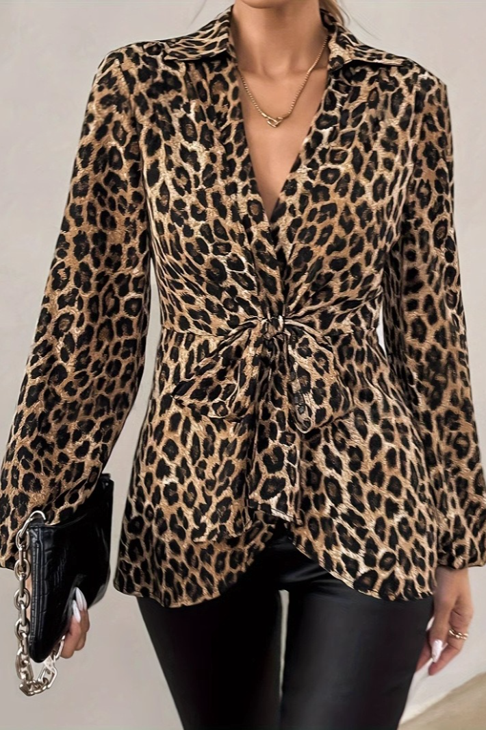 Leopard Print Tie Front V Neck Lightweight Elegant Blouse Main image