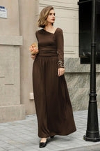 Asymmetric Neck Ruched Waist Flowing Maxi Dress