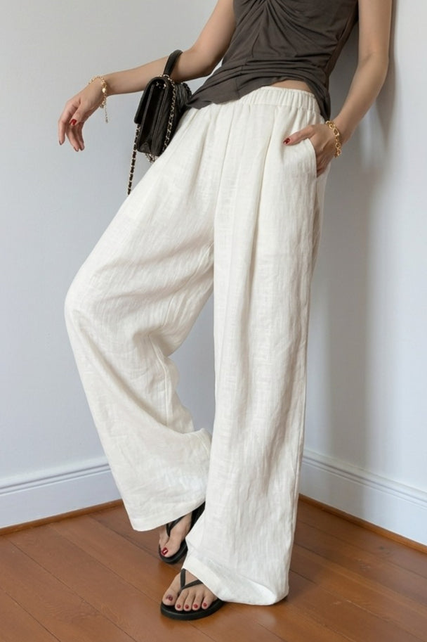 White Linen Blend Wide Leg Casual Pants Secondary image