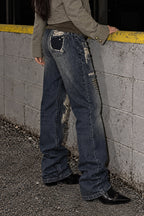 Rivet Spliced Ripped Vintage Washed Jeans