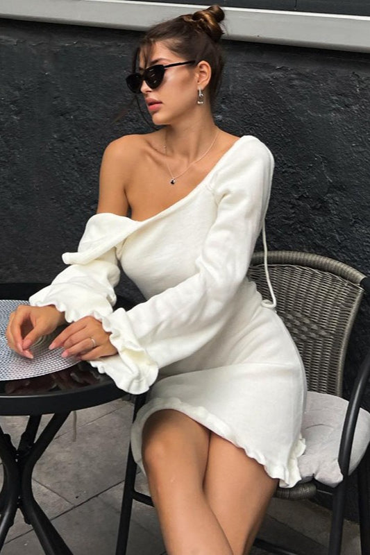 Woolen Backless Tie Detail Flared Sleeve Solid Sweater Dress Main image