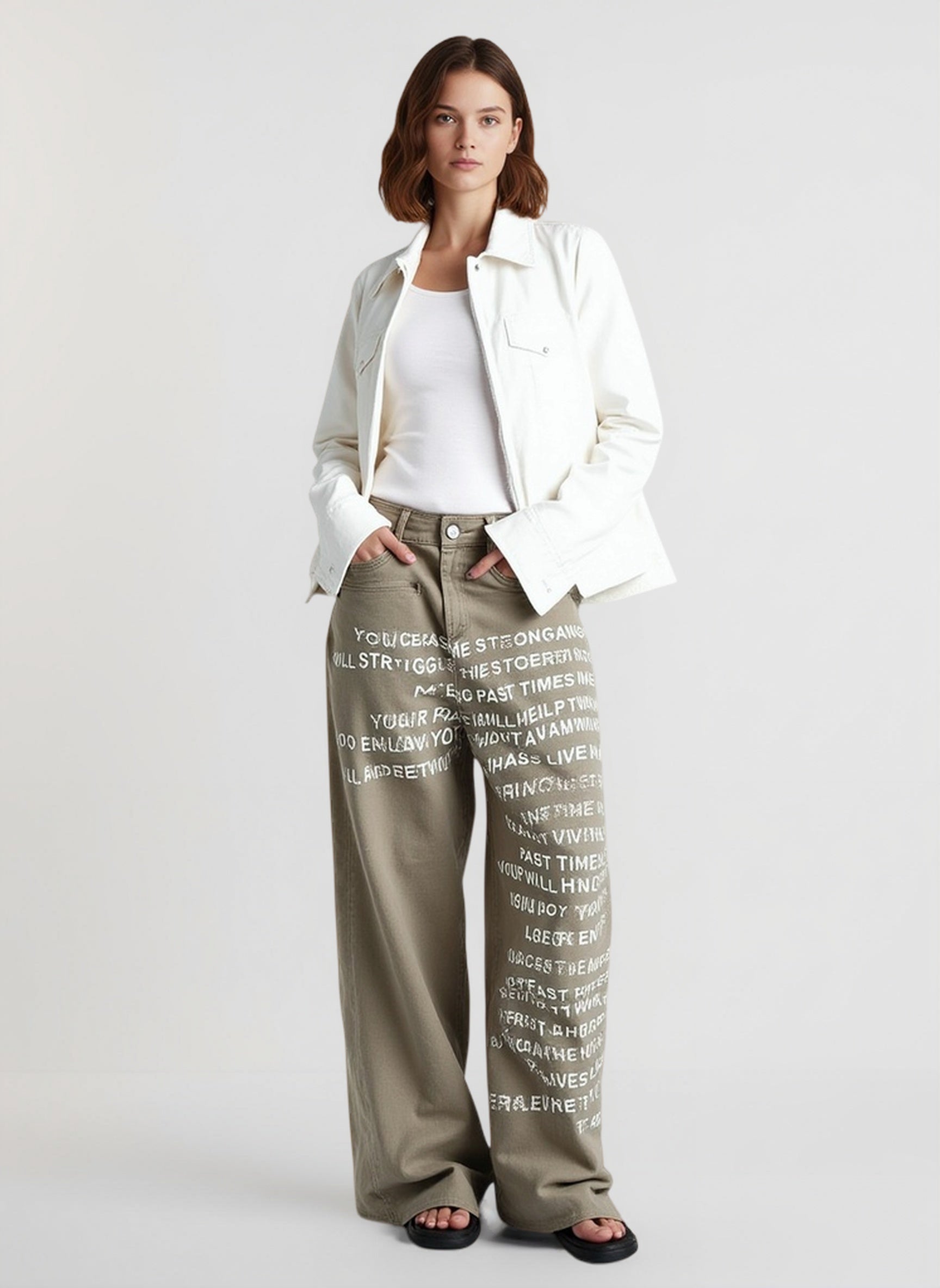 Vintage Washed Letter Print Wide Leg Slim Floor Length Jeans Main image