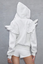 Angel Wing Applique Asymmetric Zip Hoodie