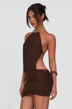 Metal Ring Halter Tie Back Bodycon Mini Dress