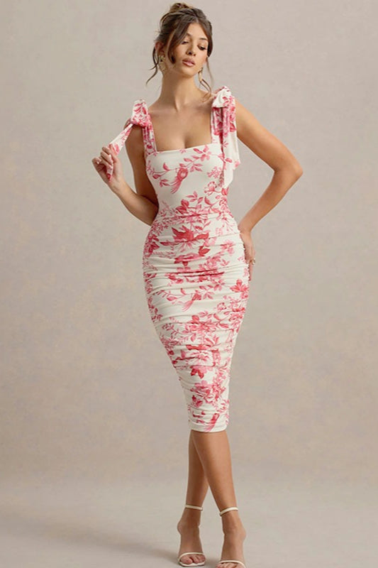 Sweet Floral Tie-Waist Bodycon Floral Dress Main image