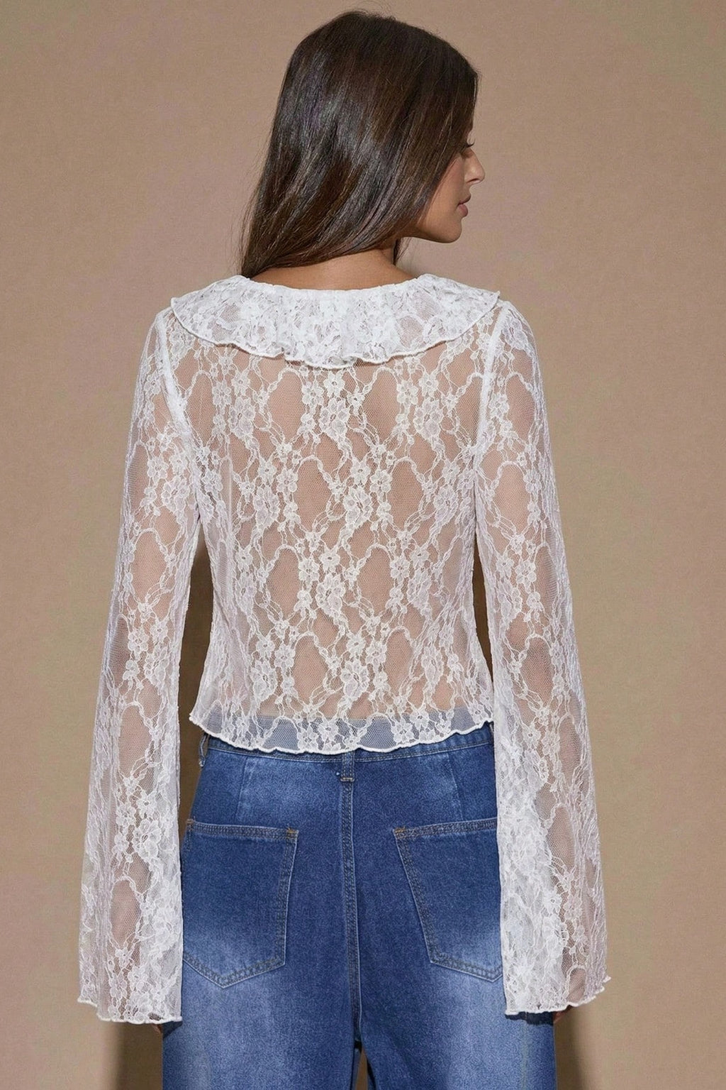 Lace Ruffle Tie Front Long Sleeve Blouse