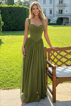 Corset Bodice Ruched Strap Flared Maxi Dress