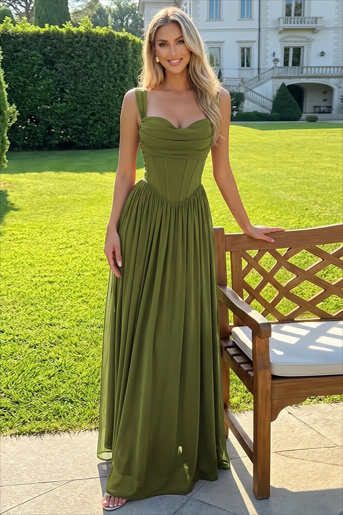 Corset Bodice Ruched Strap Flared Maxi Dress