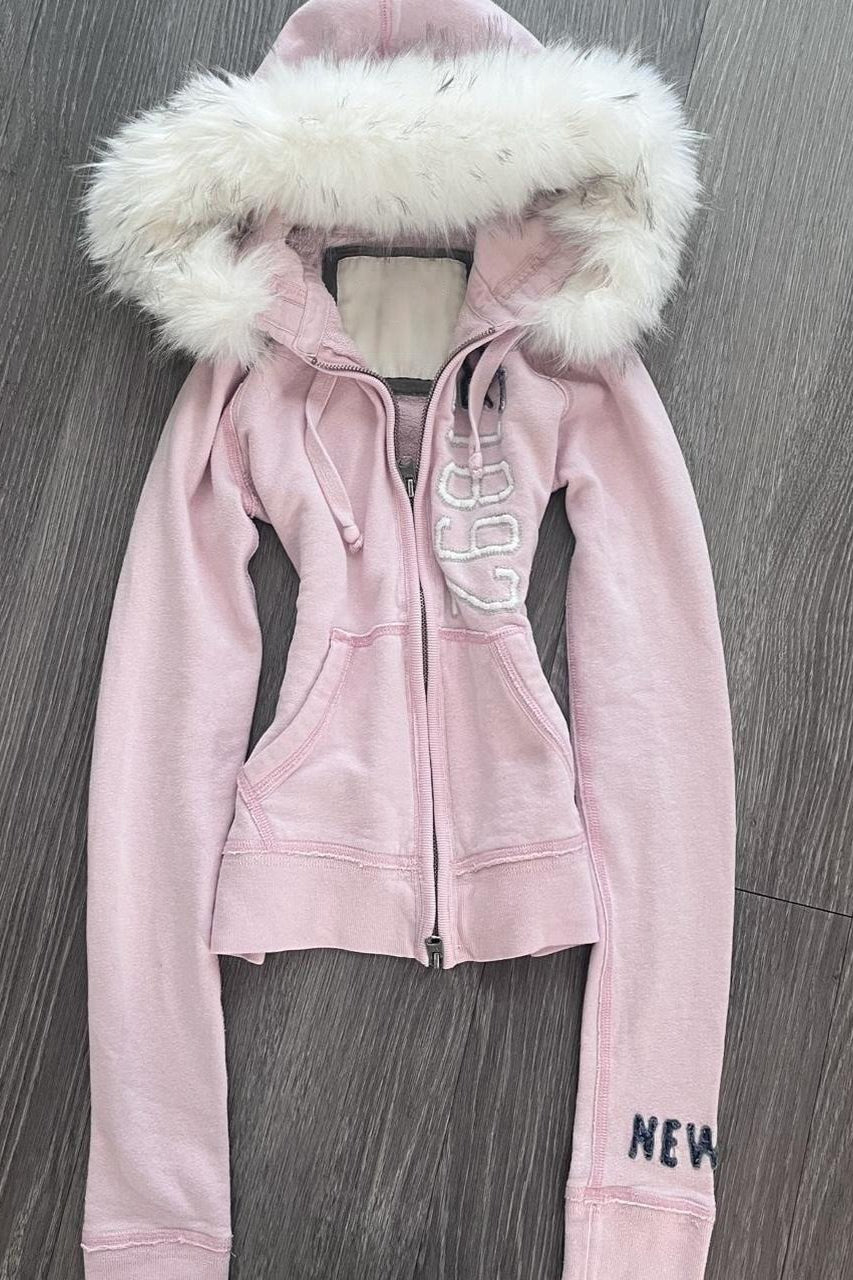 Pink Fur Trim Embroidered Zip-Up Hoodie Main image