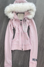 Pink Fur Trim Embroidered Zip-Up Hoodie