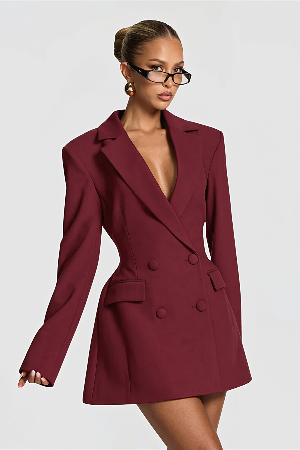 Deep V Double Breasted Cutout Waist Blazer Coat