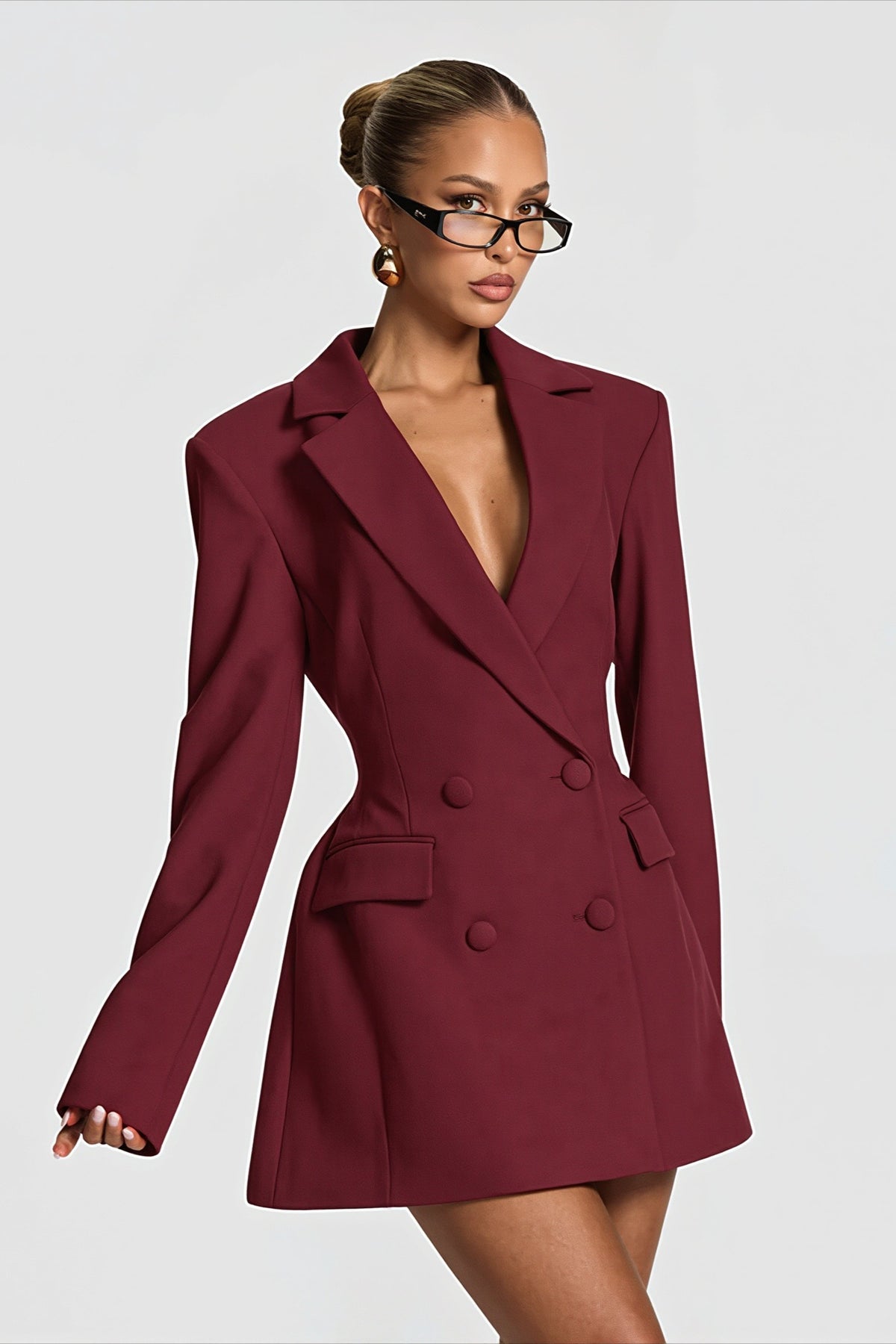 Deep V Double Breasted Cutout Waist Blazer Coat
