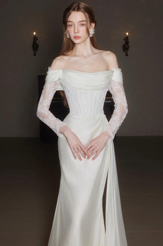 French Off Shoulder Lace Sweep Train Prom Dress Secondary image