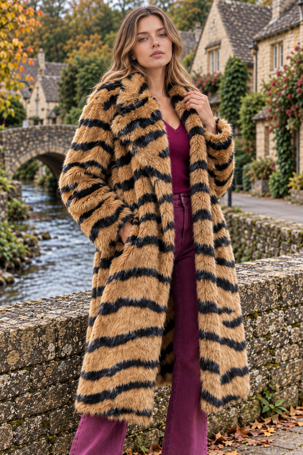 Faux Fur Tiger Striped Loose Overcoat Main image