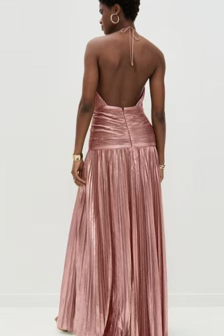 Metallic Pleated Slit Tie Halter Sleeveless Formal Dress Secondary image