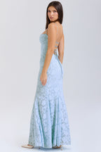 Strapless Lace Backless Waist Tie Maxi Lace Dress