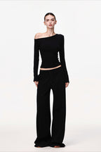 Asymmetric Neck Ribbed Crop Long Sleeved T-shirts