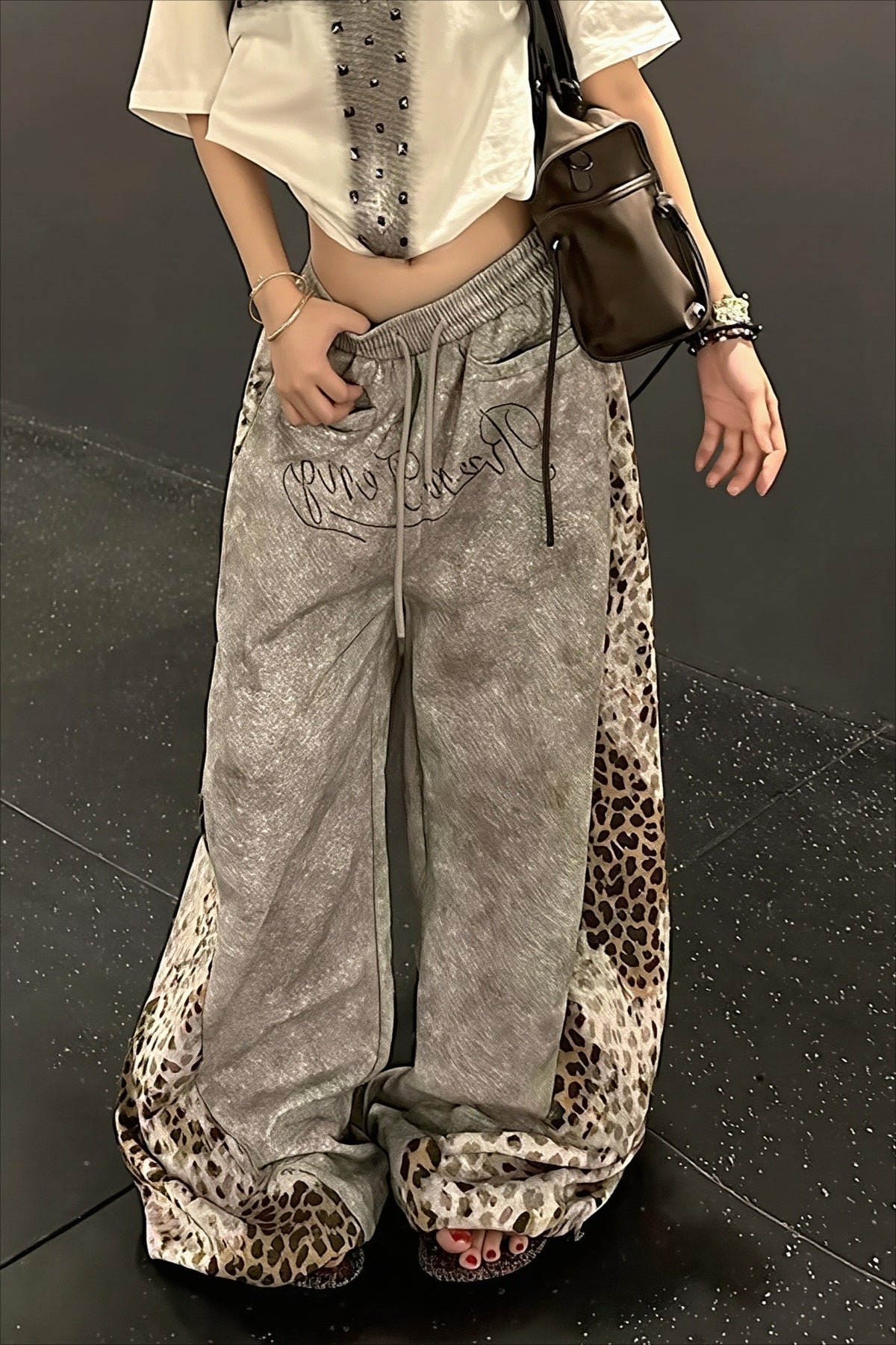 Leopard Panel Drawstring Wide Leg Pants Main image