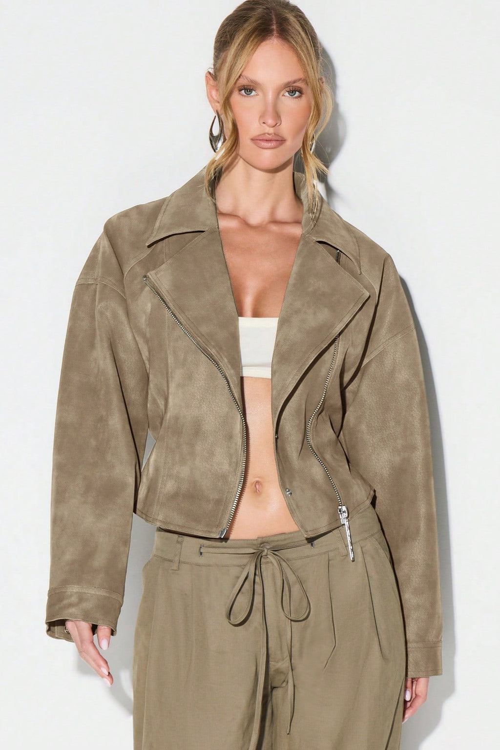 Suede Look Asymmetric Zip Belted Cropped Coat