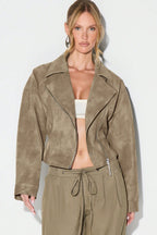 Suede Look Asymmetric Zip Belted Cropped Coat