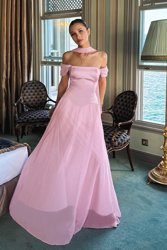 Satin Mesh Off Shoulder Prom Dress Main image