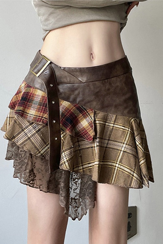 Plaid Lace Patchwork Belted Skirt Main image