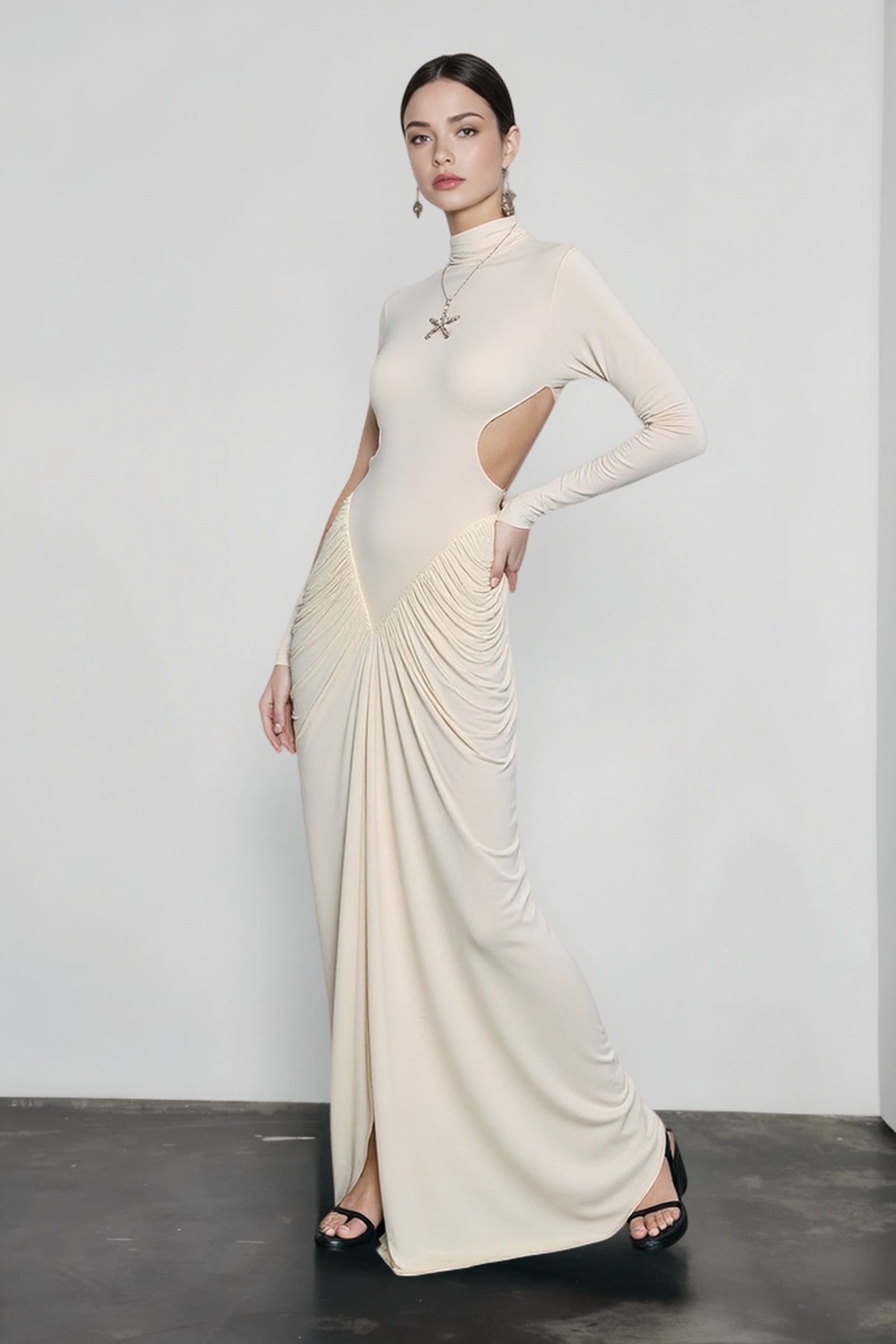 Slim Solid Long Sleeve High Neck Ruched Backless Formal Dress Main image