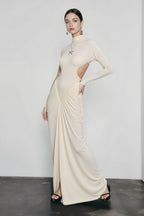 Slim Solid Long Sleeve High Neck Ruched Backless Formal Dress