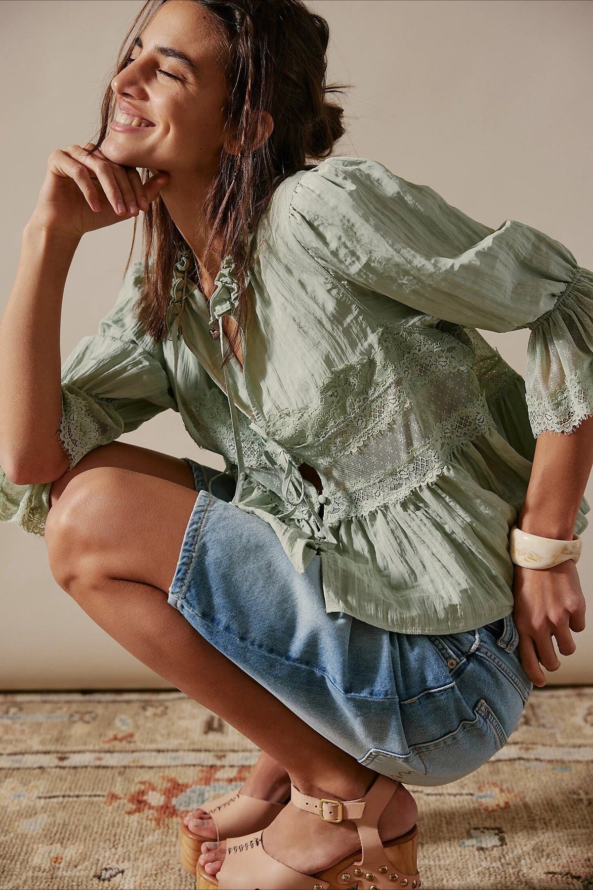 Lace Panel Ruffle Balloon Sleeve Tie Front Blouse
